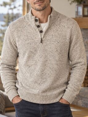 Point Zero Men’s Quarter Zip Cotton Sweater Tan Grey Marled Mock Neck L
